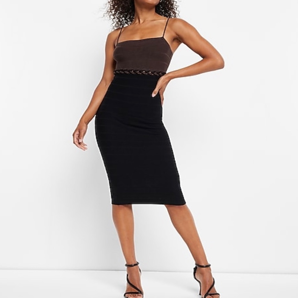 Express Body Contour Braided Color Block Midi Dress